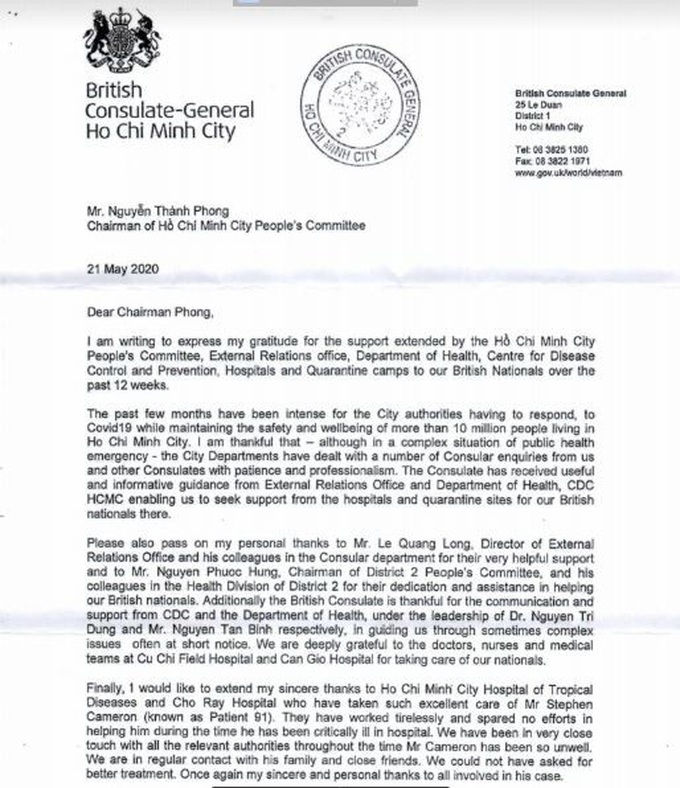 British Consul General thanks Vietnam for efforts to save Covid-19-infected pilot - 1 British Consul General thanks Vietnam for efforts to save Covid-19-infected pilot - 1
