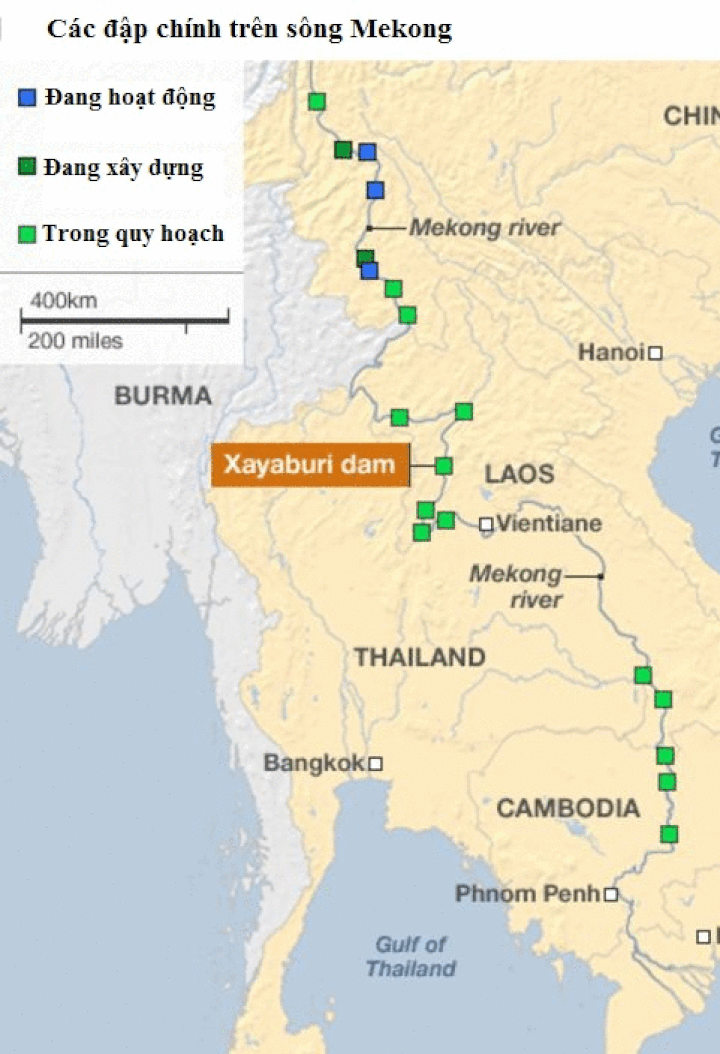 Sơ đồ các đập chính trên sông Mekong (Ảnh: BBC)