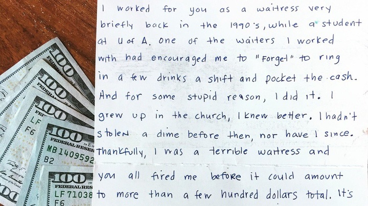 Bức thư xin lỗi vô danh cùng 1.000 USD tiền mặt. (Nguồn: WPTZ-TV)