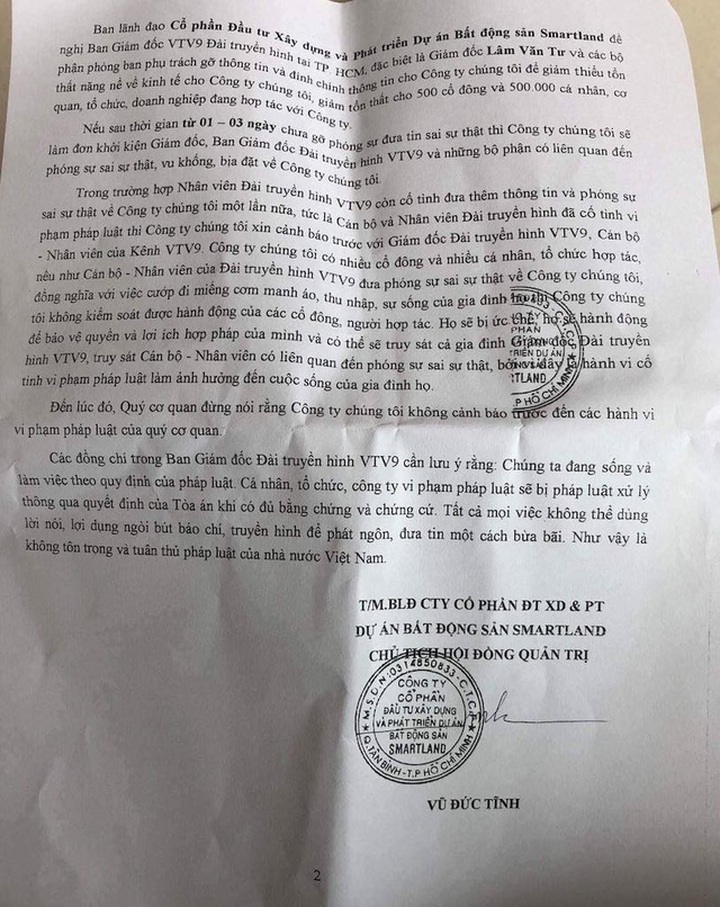 Công ty Smartland đã gửi công văn đến Ban Giám đốc VTV9 với nội dung đe dọa truy sát cả gia đình giám đốc