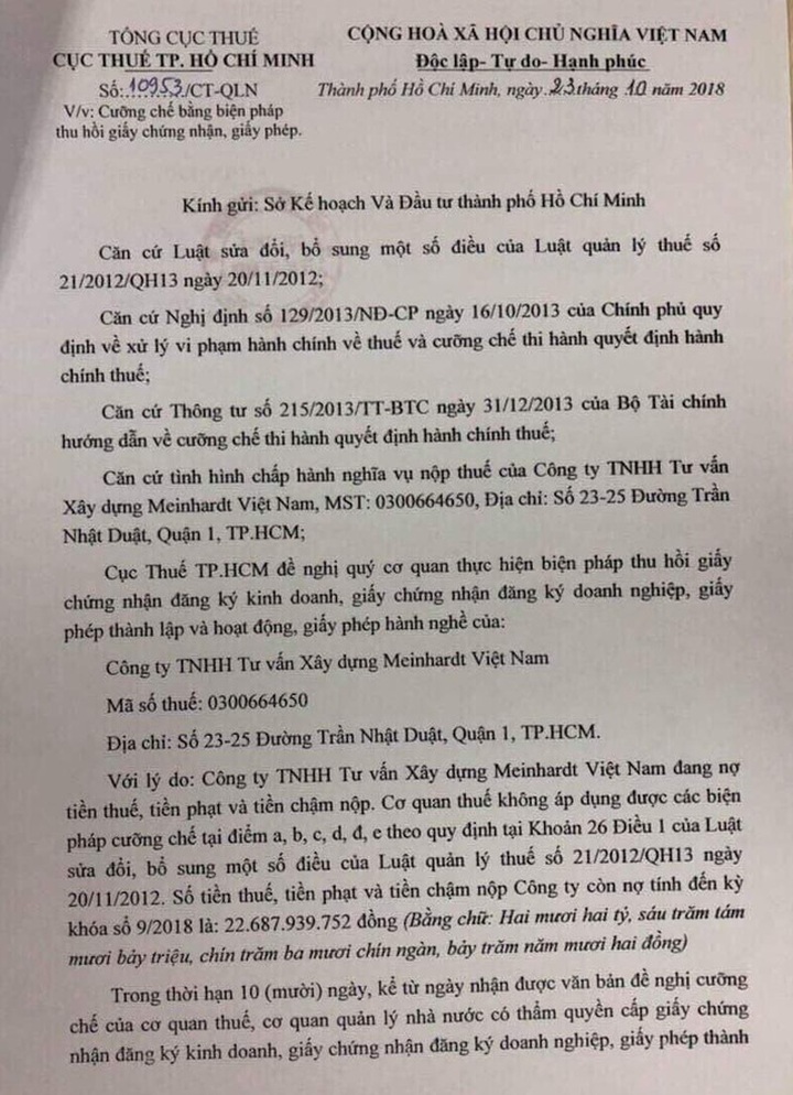 Cục Thuế đề nghị các cơ quan quản lý Nhà nước ban hành quyết định thu hồi giấy chứng nhận đăng ký kinh doanh, giấy chứng nhận đăng ký doanh nghiệp, giấy phép hoạt động