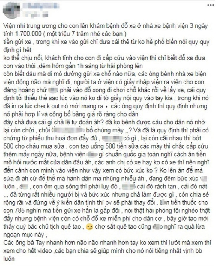 Người nhà bệnh nhân đăng tải bức xúc và kêu gọi mọi người cùng chia sẻ (những đoạn bôi mờ trong nội dung là các từ ngữ thiếu văn hóa)