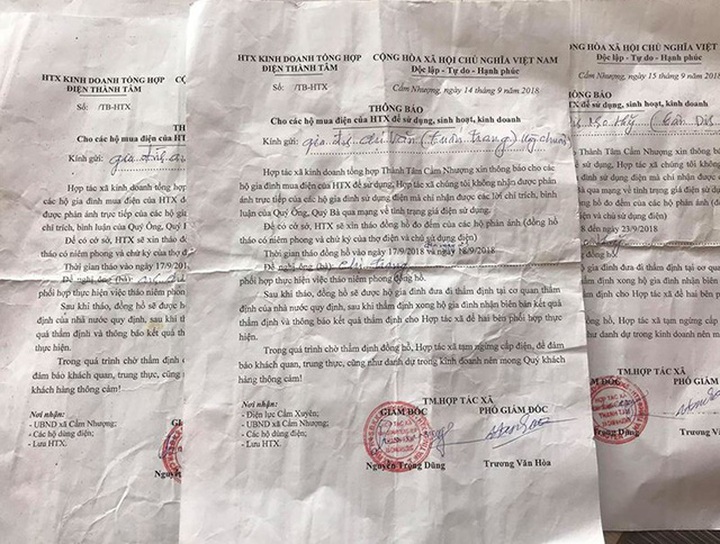 Văn bản HTX Thành Tâm gửi đến các hộ dân.