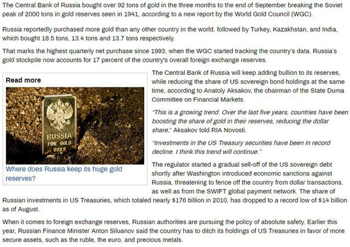 
Dự trữ vàng của Nga lên mức kỷ lục.
