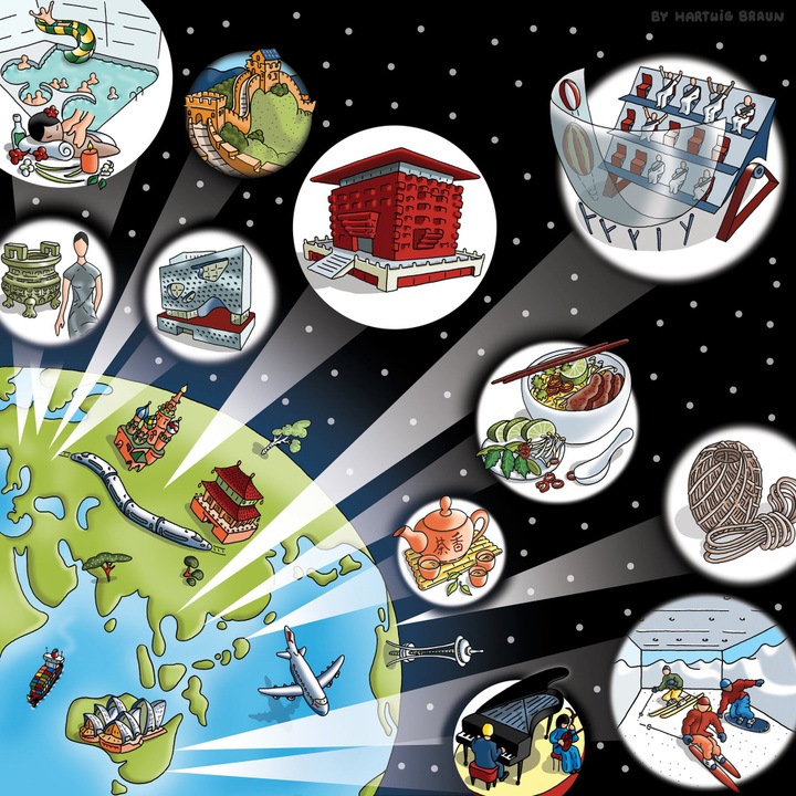 Đồ họa mô phỏng các lĩnh vực vui chơi giải trí do các công ty Trung Quốc đầu tư phát triển ở nước ngoài dưới mác Vành đai và Con đường (Ảnh: New York Times)