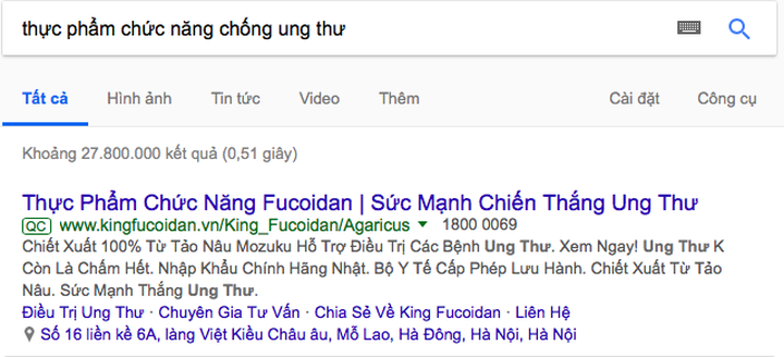 Tìm kiếm với từ khoá thực phẩm chức năng chống ung thư cho ra hàng rất nhiều kết quả