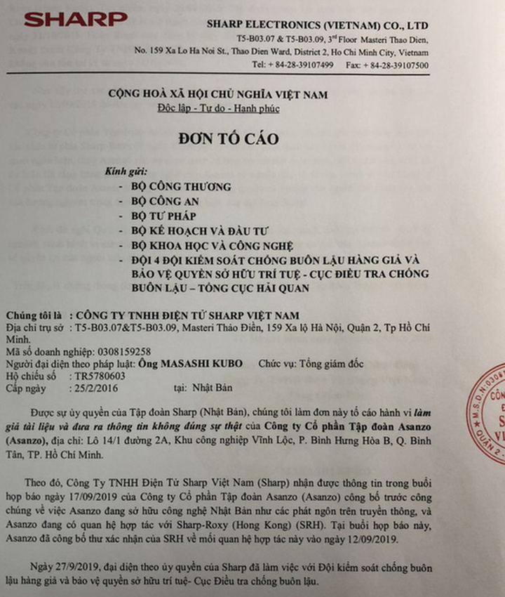 Sharp Việt Nam tiếp tục tố cáo Asanzo tới 5 Bộ vụ làm giả tài liệu - 1