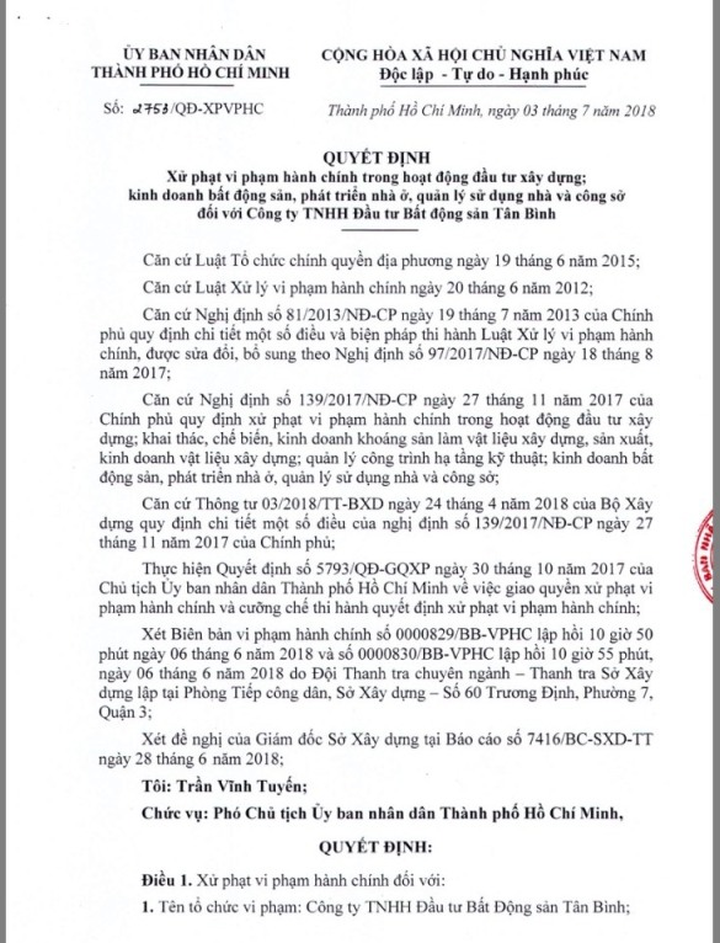 UBND TPHCM ra quyết định xử phạt đối với Công ty TNHH Đầu tư Bất động sản Tân Bình.