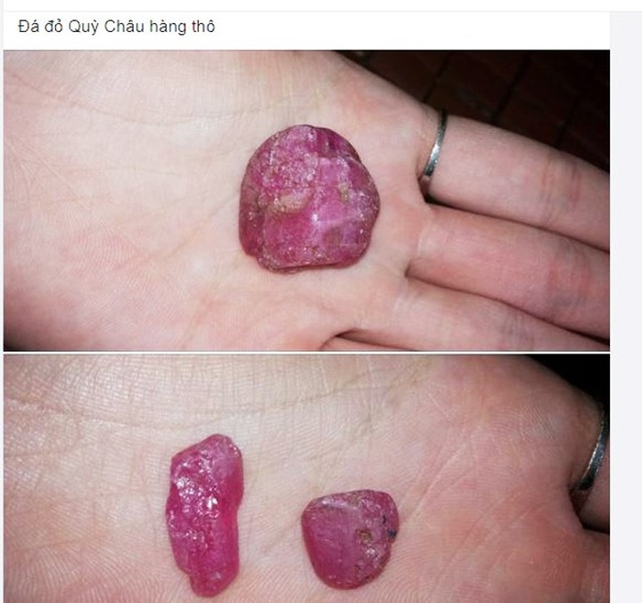 Thỉnh thoảng người ta vẫn bắt gặp những lời rao bán đá đỏ Quỳ Châu ở trên mạng xã hội. Dù cơn sốt đá đỏ lùi xa ngót 20 năm trời nhưng thảng hoặc, một số người dân đi rừng vẫn nhặt được những viên đá lóng lánh, bán từ vài triệu cho đến hàng tỷ đồng (ảnh facebook).