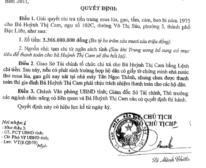 Quyết định chi trả tiền đã trưng mua lúa, gạo của gia đình bà Huỳnh Thị Cam mà lãnh đạo tỉnh Bạc Liêu từng ban hành