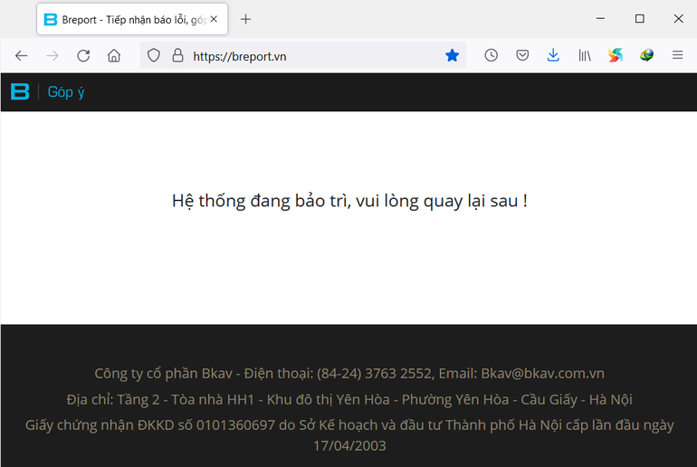 Thông báo bảo trì trên trang web Breport.vn thay cho thư xin lỗi được đăng tải trước đó (Ảnh chụp màn hình).