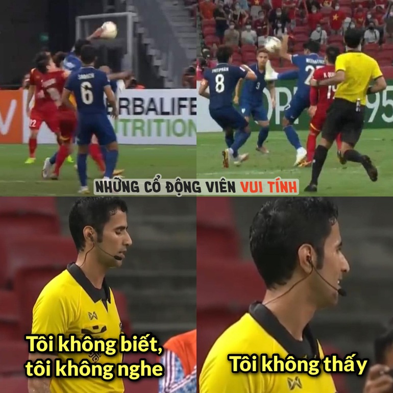 Tình huống bóng chạm tay hậu vệ Thái Lan trong vòng cấm ở những phút cuối trận, nhưng trọng tài vẫn không hề thổi phạt (Ảnh: Những cổ động viên vui tính).