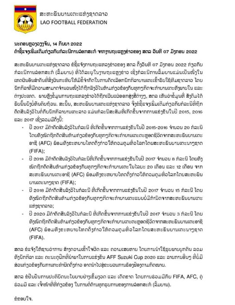 Sự thật về thông tin 45 cầu thủ Lào bị cấm thi đấu vì bán độ - 1 Sự thật về thông tin 45 cầu thủ Lào bị cấm thi đấu vì bán độ - 1