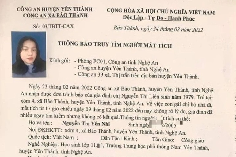 Truy tìm nữ sinh lớp 11 bỏ nhà đi nhiều ngày - 1 Truy tìm nữ sinh lớp 11 bỏ nhà đi nhiều ngày - 1