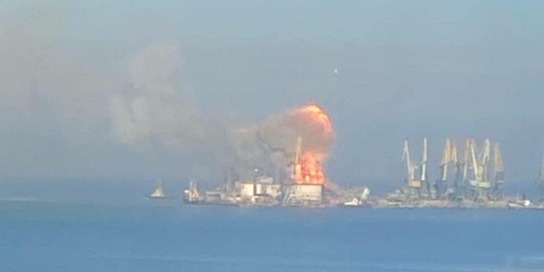 Satellite image of a Russian warship on fire after being destroyed by Ukraine - 2