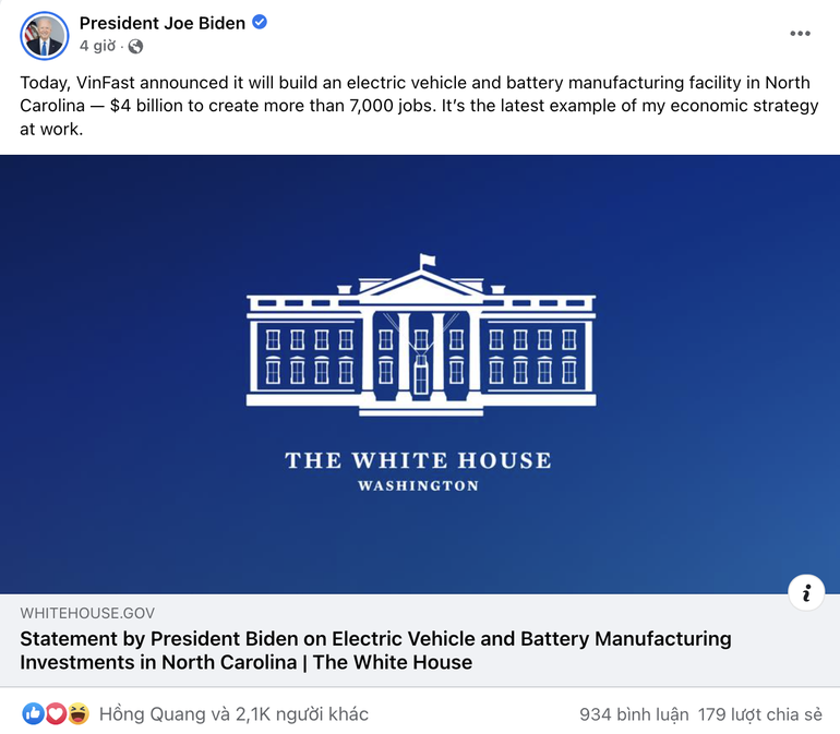 Tổng thống Biden chúc mừng VinFast xây nhà máy sản xuất ô tô điện tại Mỹ - 1