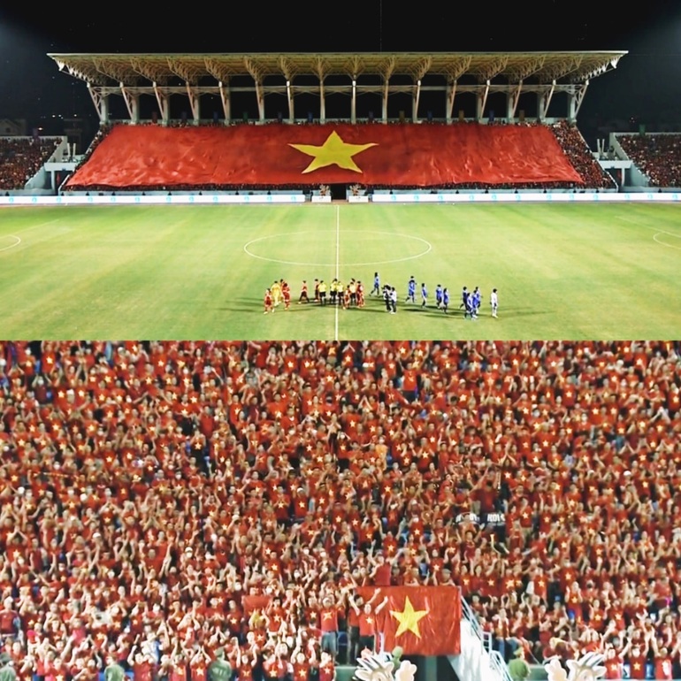 Sắc đỏ phủ lấp khán đài sân Cẩm Phả, tiếp thêm sức mạnh cho các cô gái Việt Nam trong trận chung kết bóng đá nữ (Ảnh: NĐVLM).