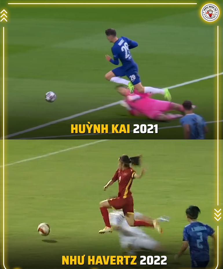 Trong khi đó, tình huống ghi bàn của tiền đạo Huỳnh Như lại được ví như pha ghi bàn của Kai Havertz của câu lạc bộ Chelsea (Ảnh: Troll bóng đá).