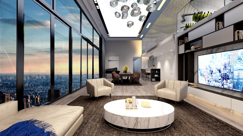 Khám phá Penthouse triệu đô sang trọng tại Hà Nội - 1 Phòng khách Sky villa rộng trên 100m2, hướng nhìn khu vực Mỹ Đình có thể chiêm ngưỡng toàn thành phố.