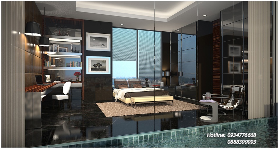 Khám phá Penthouse triệu đô sang trọng tại Hà Nội - 7 Từ phòng ngủ ngắm nhìn khung cảnh bể bơi và xa hơn nữa là không gian rộng.