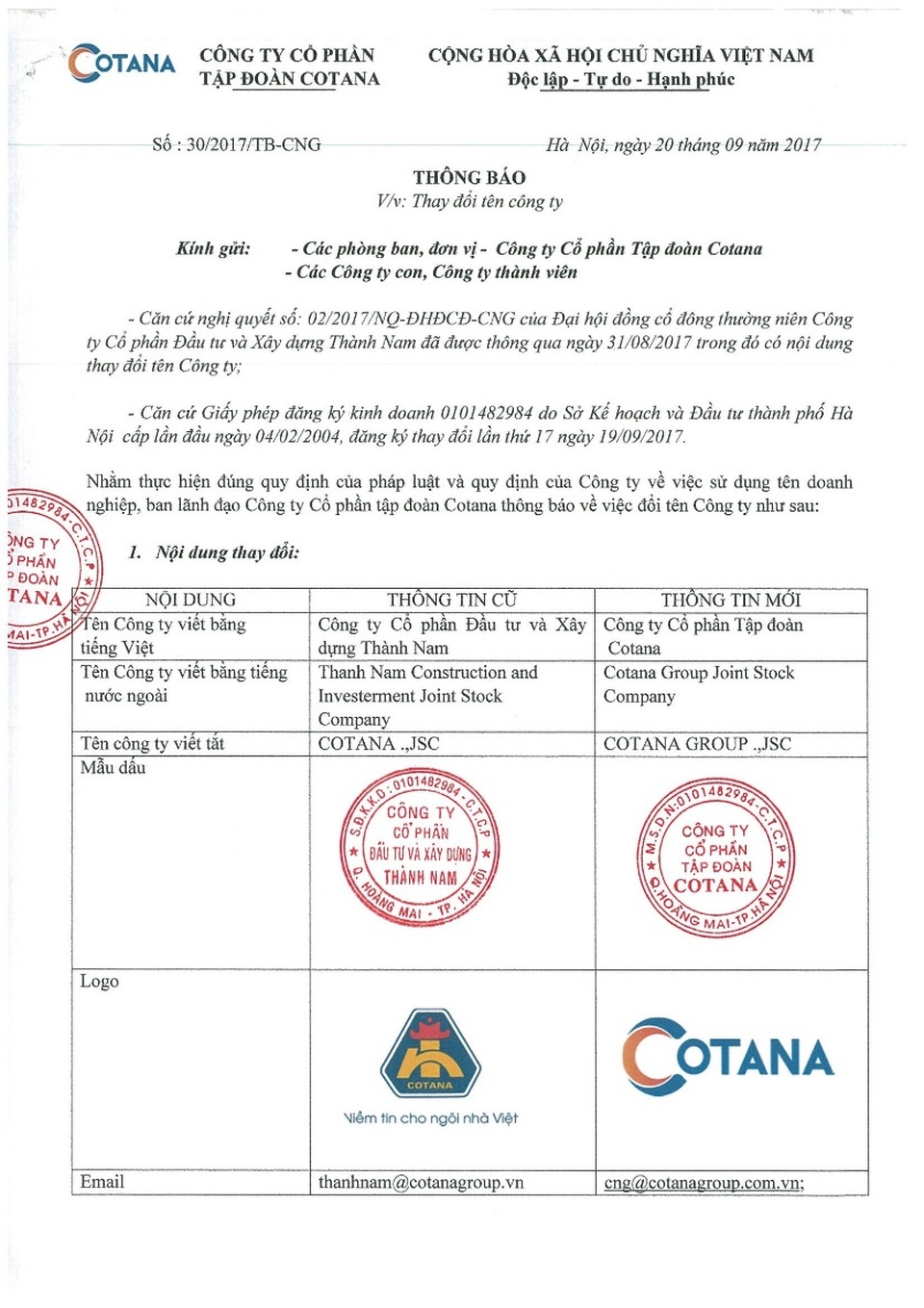 “Trẻ hóa” thương hiệu – Bước đệm mới ấn tượng cho sự phát triển của Cotana Group - 4 Thông báo chính thức đổi tên của Cotana Group