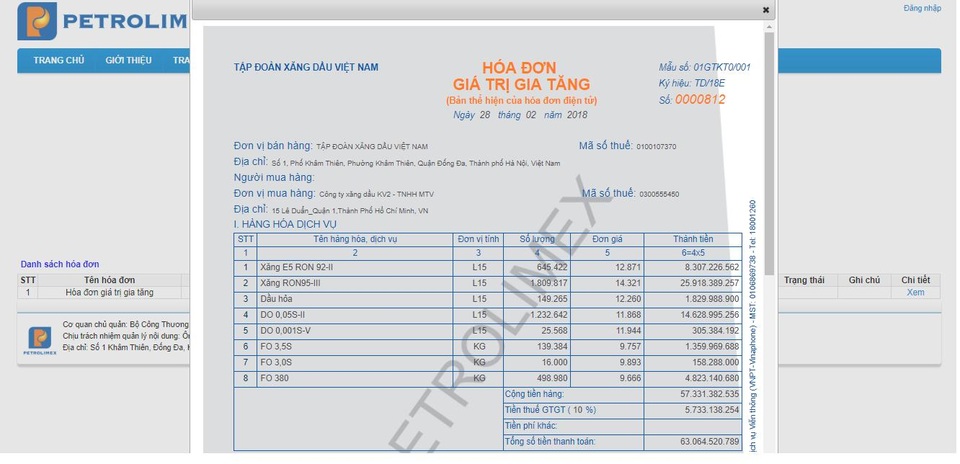 Thuận tiện thanh toán nhờ áp dụng sớm hóa đơn điện tử - 2 Mẫu hóa đơn điện tử của Tập đoàn Xăng dầu Việt Nam