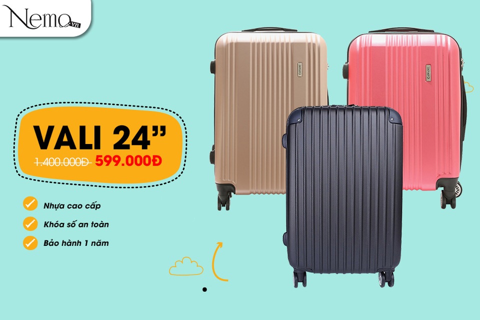 Sắm vali đi du lịch, giá cực sốc chỉ từ 444.000 đồng - 1 Đặc biệt, sản phẩm đang được siêu khuyến mại với giá sốc không tưởng trên Nemo.vn. Giảm từ 1.400.000Đ xuống còn 599.000Đ.