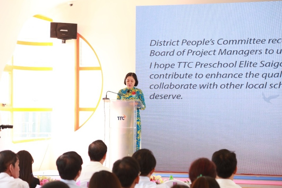 TTC Edu khánh thành Trường Mầm non TTC Cao Cấp Sài Gòn - 4 Bà Vũ Thị Mỹ Ngọc - Phó Chủ tịch UBND Quận 3 phát biểu chúc mừng tại chương trình