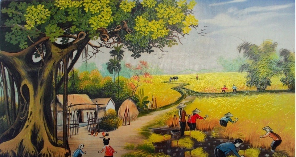 Tranh nghệ thuật thường lấy bối cảnh làng quê hay cuộc sống thường nhật của người Việt.
