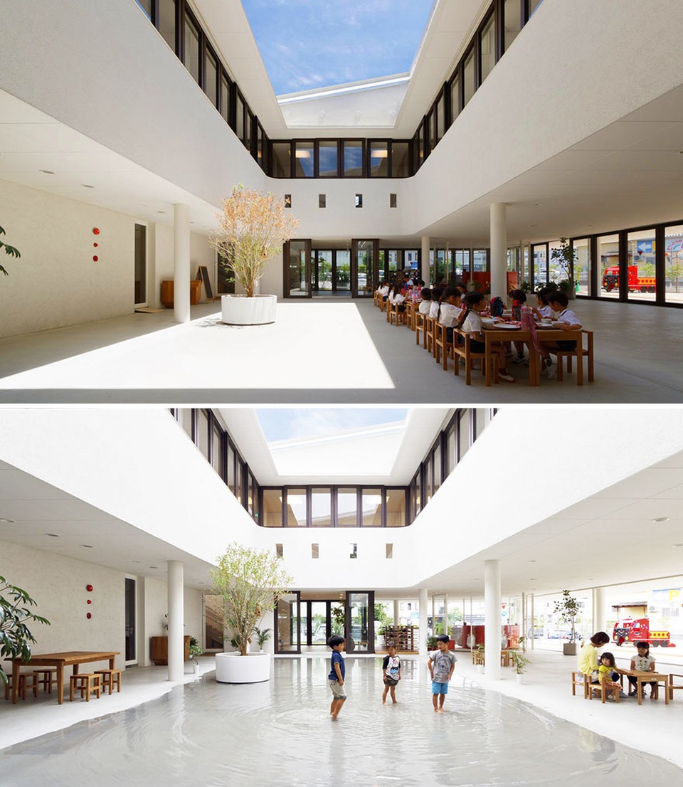 Trường mẫu giáo được thiết kế với một giếng trời khổng lồ thu nước mưa để làm hồ nước vui chơi cho học sinh.