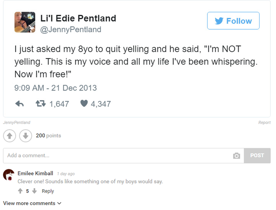 
Vừa bảo thằng nhóc 8 tuổi ngừng nói to đi, nó bảo con không có nói to, đây là giọng con, cả đời con đã phải nói thì thầm rồi, bây giờ con được tự do!.
