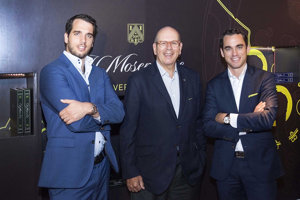 CEO tỷ phú của thương hiệu đồng hồ cao cấp H. Moser & Cie đến Việt Nam - 3 Ngài Georges-Henri Meylan cùng hai con trai Bertrand Meyland (trái) CEO Hautlence và Edouard Meylan (phải) CEO H. Moser & Cie.