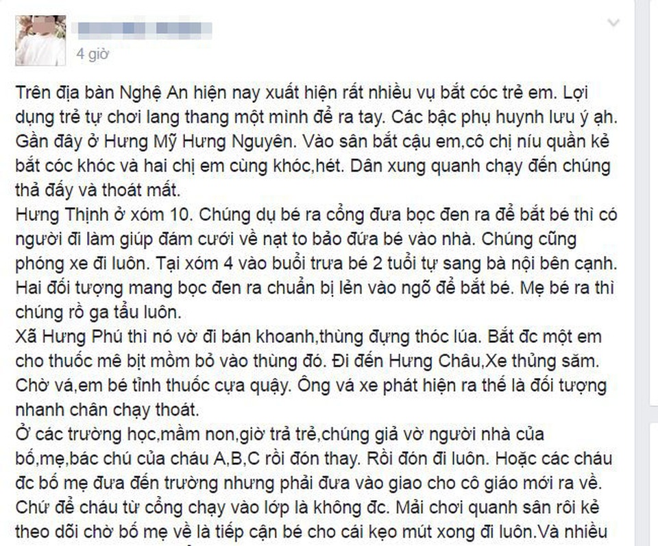 Hoang mang vì tin đồn bắt cóc trẻ em - 1
Thông tin về các vụ bắt cóc trẻ em được facebook C. đăng tải trên diễn đàn Hội chợ dành cho mẹ và bé Nghệ Tĩnh sáng 13/9/2016.