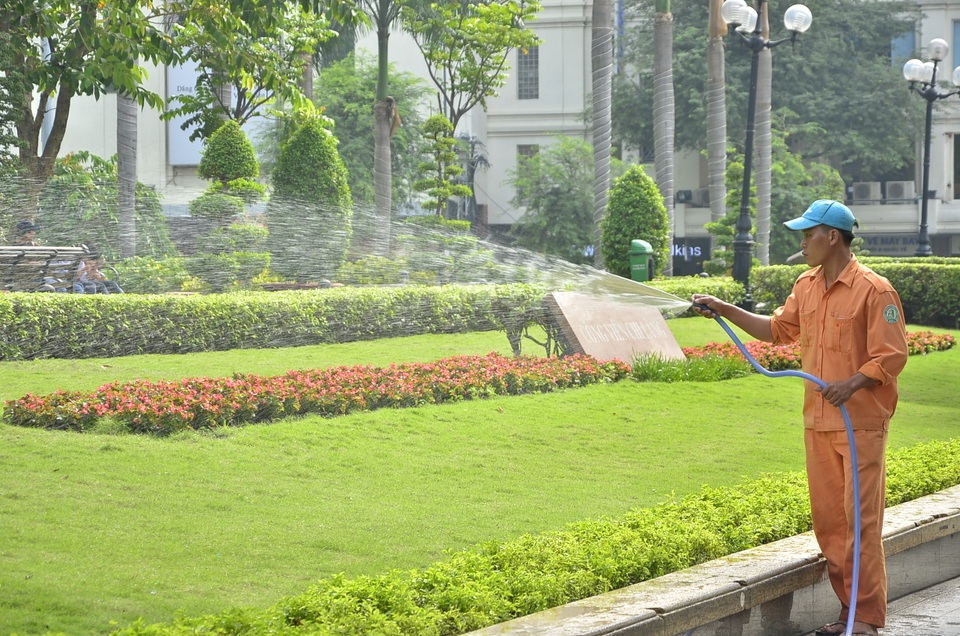 Sắc Xuân tràn ngập trên thành phố mang tên Bác - 14 Nam công nhân chăm sóc hoa ở công viên Chi Lăng