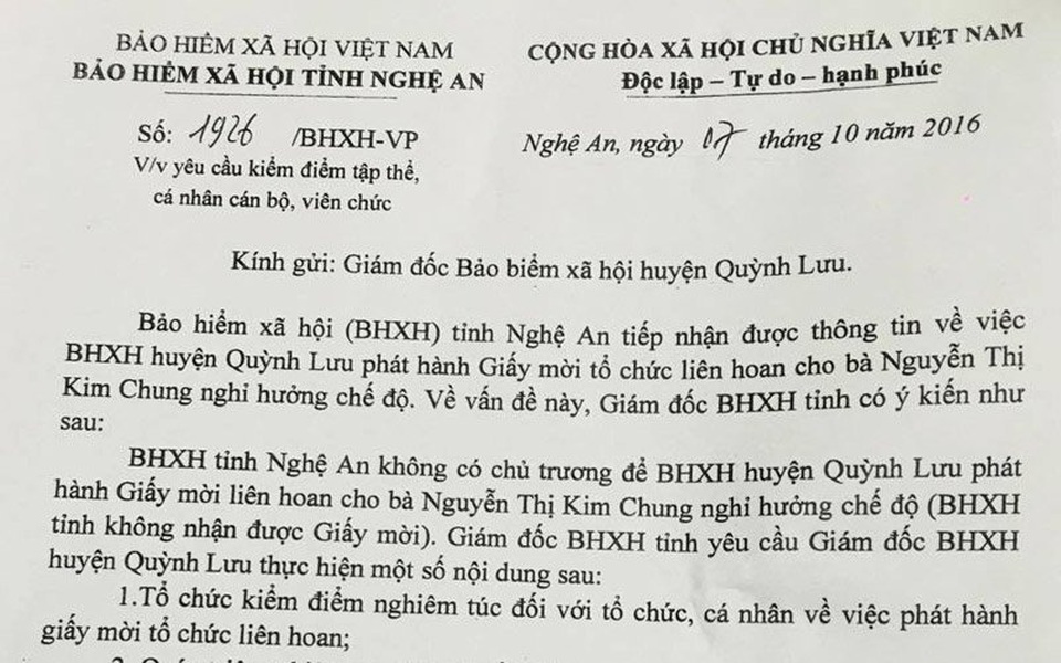 Người đứng đầu ngành Bảo hiểm xã hội lên tiếng vụ giấy mời liên hoan có dấu đỏ - 1 
BHXH tỉnh Nghệ An ra công văn yêu cầu xử lý cá nhân, tổ chức về việc dùng con dấu trong giấy mời tiệc chia tay.