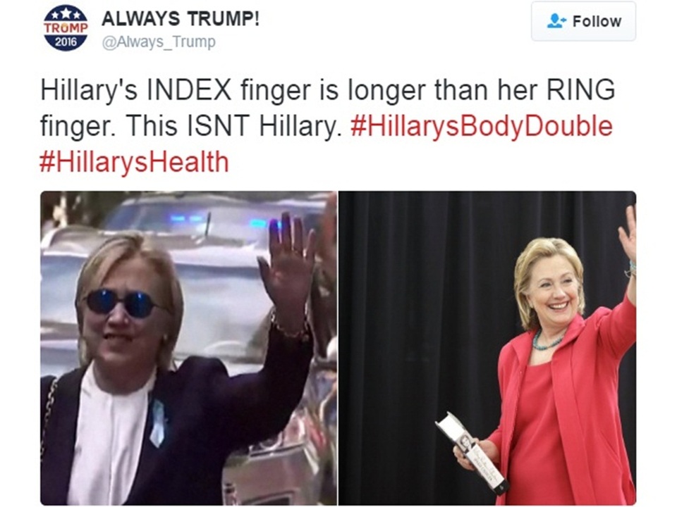 Nghi án mượn người đóng thế bà Clinton: Người trong cuộc lên tiếng - 2
Một tài khoản Twitter chỉ ra rằng ngón trỏ của bà Clinton dài hơn ngón đeo nhẫn - khác với người phụ nữ bước ra từ căn hộ của Chelsea. (Ảnh: Twitter)