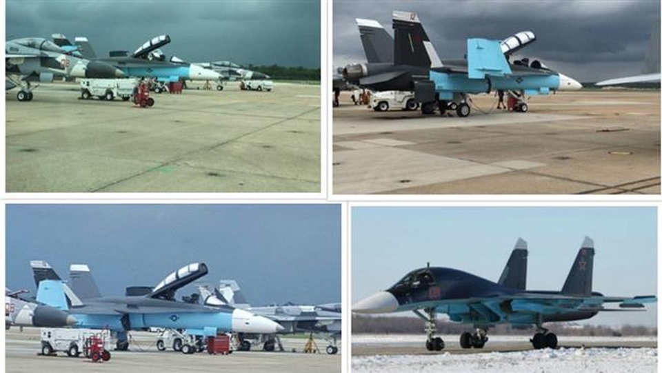 Xôn xao chuyện Mỹ "nhái" màu sơn của chiến đấu cơ Nga ở Syria - 1
Máy bay F/A-18 của Mỹ bị nghi được sơn lại giống màu của chiến đấu cơ Su-34 của Nga. (Ảnh: RT)