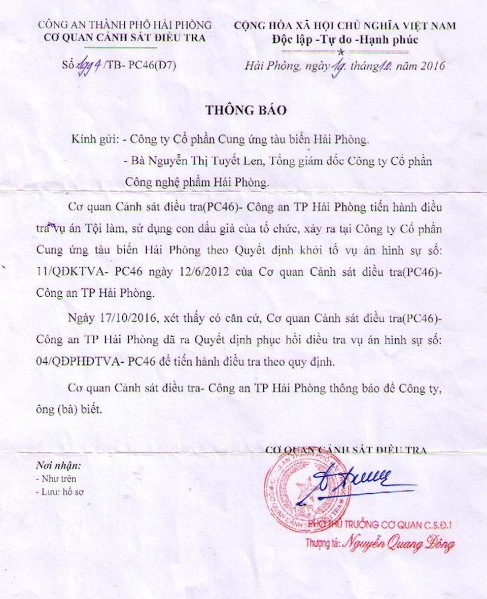 Hải Phòng: Phục hồi điều tra vụ án ngay sau công văn của Văn phòng Chính phủ! - 1
Công an TP Hải Phòng quyết định phục hồi điều tra vụ án Làm, sử dụng con dấu giả của tổ chức ngay sau Công văn của Văn phòng Chính phủ.