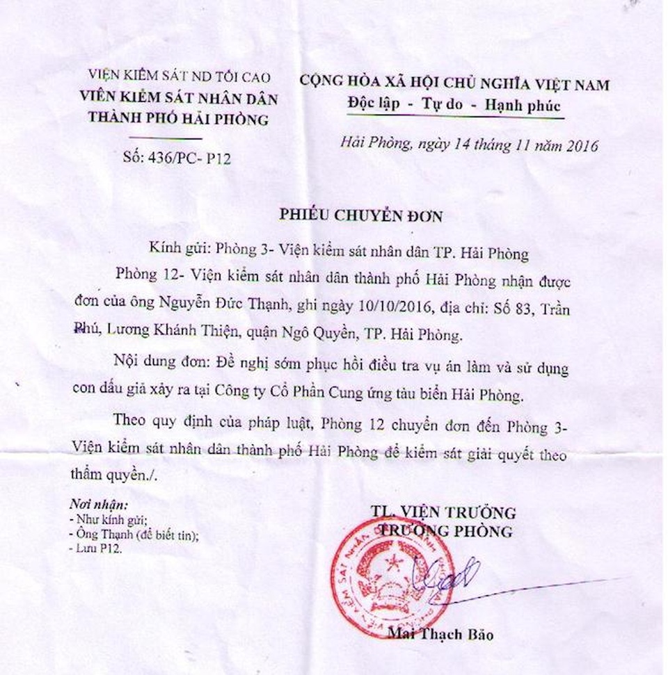 VKSND TP Hải Phòng chuyển đơn nội bộ vụ án “Làm, sử dụng con dấu giả của tổ chức” - 1
VKSND TP Hải Phòng chuyển đơn nội bộ vụ án “Làm, sử dụng con dấu giả của tổ chức”.