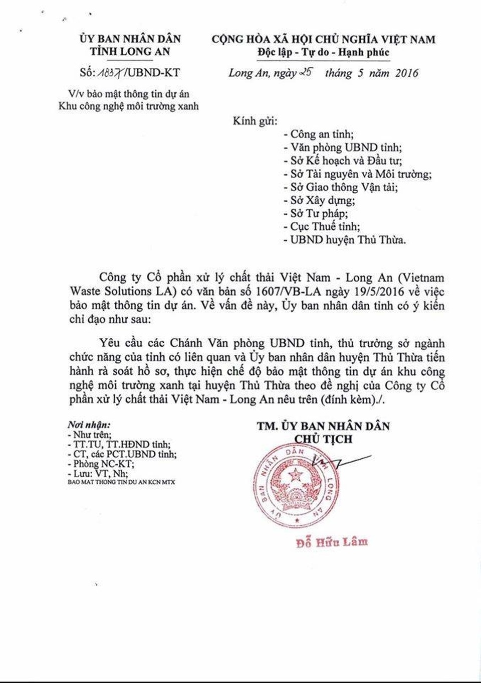 Bảo mật thông tin cho “vua rác” - 1
Văn bản bảo mật thông tin của UBND tỉnh Long An