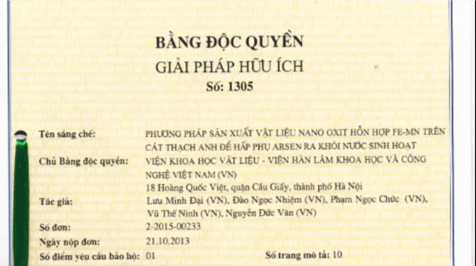 
Bằng độc quyền giải pháp hữu ích số 1305 năm 2015 đối với sáng chế vật liệu nano
