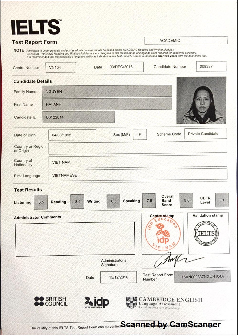 
Bảng điểm IELTS của Hải Anh.
