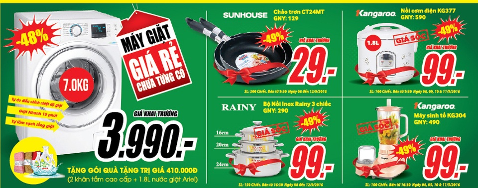 MediaMart khai trương siêu thị điện máy thứ 25 tại Hà Nội - 3 Tham gia chương trình này, khách hàng dễ dàng sở hữu những sản phẩm TV LED, máy giặt, tủ lạnh, thiết bị nhà bếp, smartphone, tablet chính hãng với mức giảm giá đến 50%: tivi LED 32’’ giảm 40% giá khai trương 3.390.000đ, smartTV 49’’ giảm 35% còn 7.990.000đ, máy giặt lồng ngang 7.0kg giảm 48% giá chỉ 3.990.000đ, điện thoại di động 2 sim 2 sóng giá chỉ 168.000đ, laptop Lenovo IdeaPad100 giảm 28% còn 4.280.000đ, USB PYN 8G và pin dự phòng Remax 2600mAH đồng giá 49.000đ…
