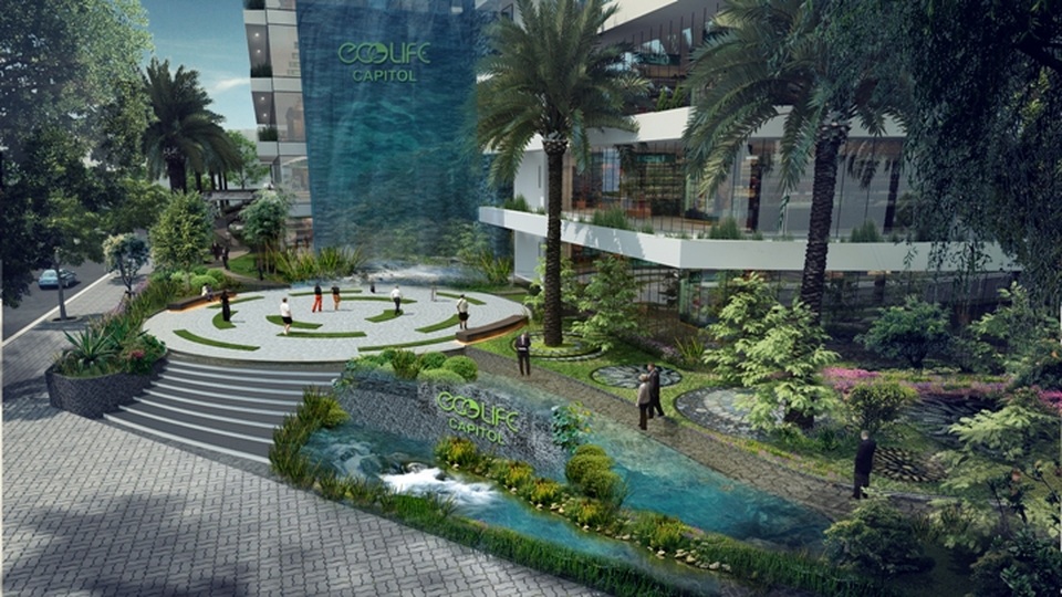 Giải pháp cách nhiệt tại EcoLife Capitol: Nhà hướng Tây mà không nóng - 3 Dự án EcoLife Capitol được thiết kế hệ thống cây xanh 3 lớp và thác nước thẳng đứng từ tầng 5 xuống tầng 1.