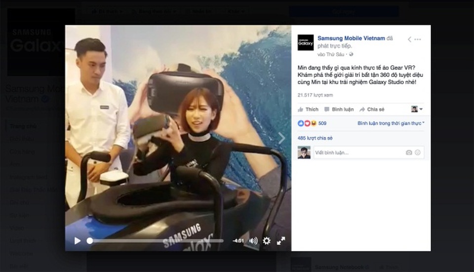 Min livestream, chia sẻ trải nghiệm thực tế ảo cùng kính Gear VR tại Galaxy Studio Hà Nội.