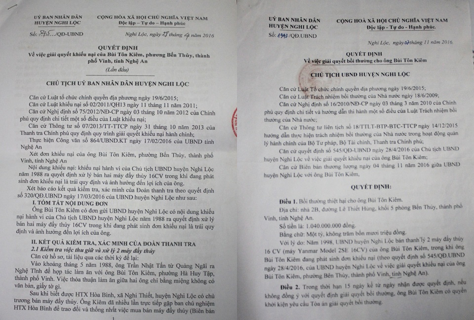 Quyết định giải quyết khiếu nại và bồi thường của UBND huyện Nghi Lộc cho ông Bùi Tôn Kiêm.