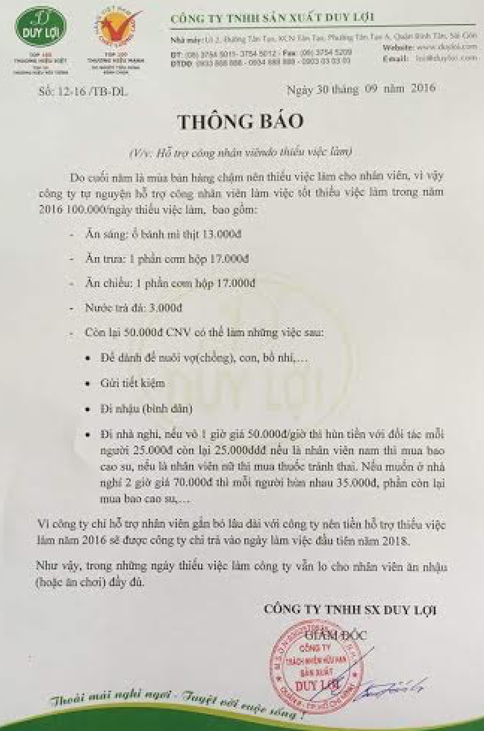 Hỗ trợ nhân viên đi nhà nghỉ, ông chủ Võng xếp Duy Lợi: Cộng đồng mạng như cái chợ.... - 1
Công văn với nội dung khá mắc cười của ông chủ Võng xếp Duy Lợi
