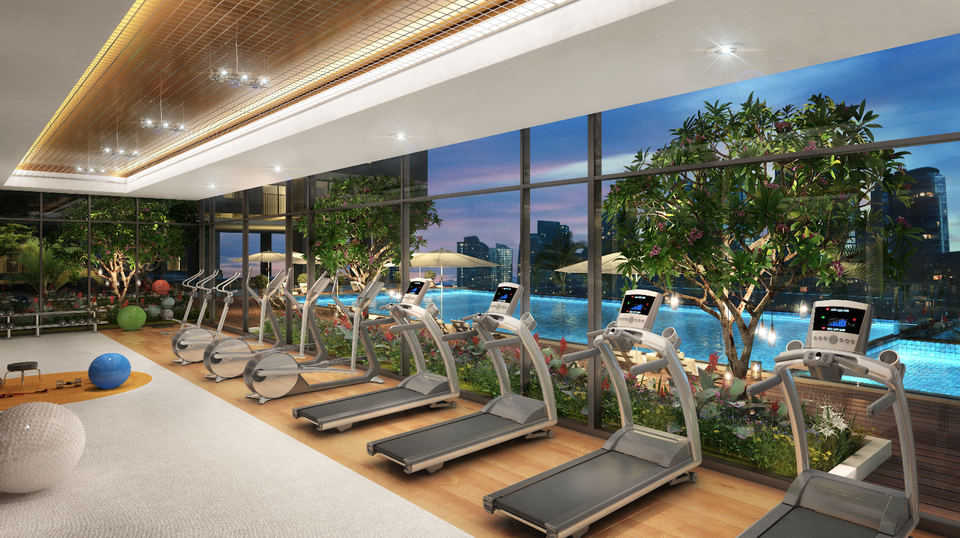
Phòng tập gym của dự án M-One Nam Sài Gòn có view nhìn ra hồ bơi
