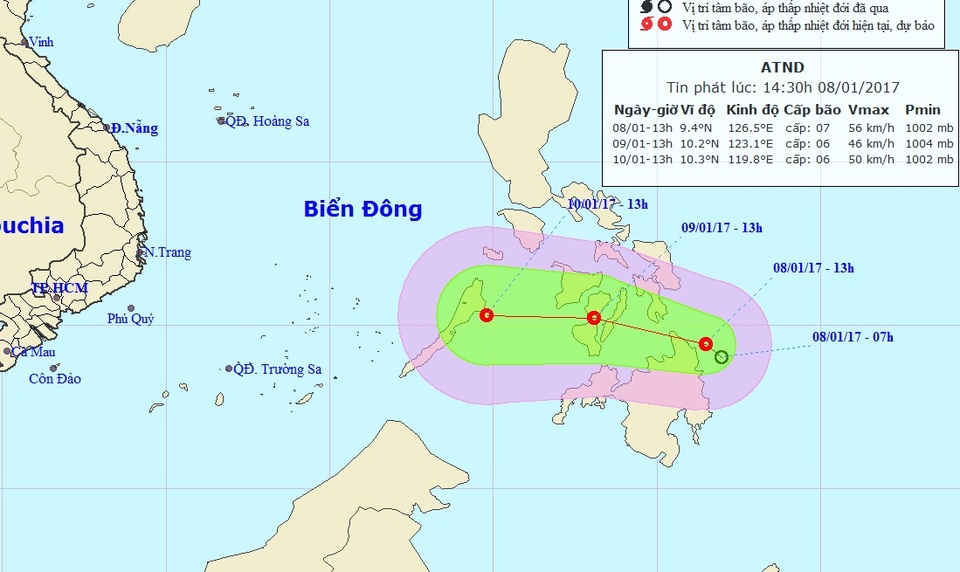 Vị trí và hướng di chuyển của áp thấp nhiệt đới (Ảnh: NCHMF).