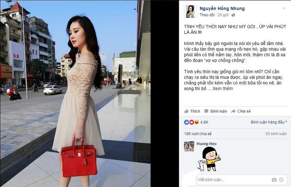 Cô gái 8x ví "tình yêu như mì ăn liền" gây tranh cãi - 1 Đoạn status thu hút 4.800 lượt Cảm xúc của cộng đồng mạng được Nguyền Hồng Nhung chia sẻ